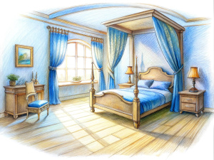 a sketch of a bedroom in pencil