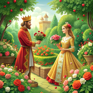 Queen and king couple together in a garden