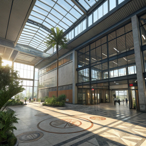 Virtual reality rendering of an avant-garde structure for Hitman 2: Santa Fortuna. Glass and steel construction, wide-open foyer, abstract tile design, blend of natural and industrial materials, sunlit
