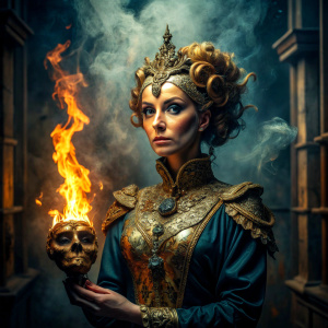 cinematic shot, dark dungeon with contour lighting, queen,  golden face mask, smoke and fire around, renaissance style