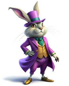 full-length wonderland rabbit in purple suit and hat on white background





