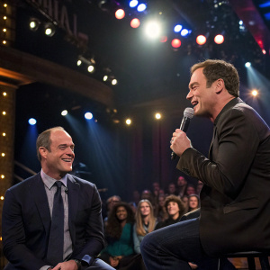 Jimmy Fallon interviewing Christopher Meloni. Studio audience laughing. Bright stage lights