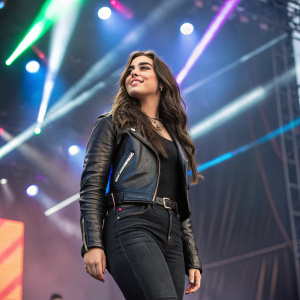 Lauren Jauregui at the music festival. Wearing a black leather jacket and skinny jeans. Vibrant stage lights in the background.