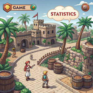 Screenshot from classic online RPG. Character interactions, pixel art, text chat, game stats, stone structures, pathways, palm trees, barrels. Retro video game aesthetics.