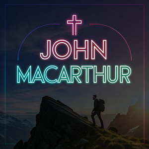 Digital graphic design featuring a John MacArthur quote. Dark background with neon text, modern font styles, and layered effect