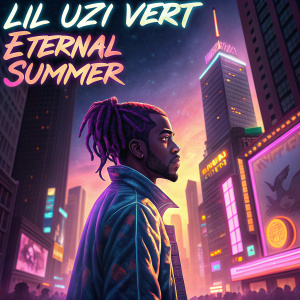 Lil Uzi Vert's album 'Eternal Summer'. Bright, neon colors. Cityscape background. Graffiti style text.