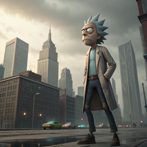 Digital 3D render of Rick from Rick and Morty. Robust physique, urban cityscape backdrop, somber tone, confident pose