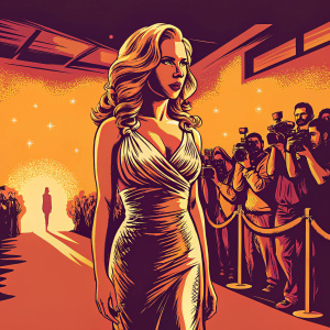 Scarlett Johansson in a red carpet event, wearing a silver sequined dress. Crowd and paparazzi in background.
