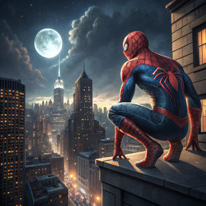 Digital art rendering of Spider-Man perched on a rooftop edge overlooking a bustling metropolis under the moonlight. The urban skyline features towering skyscrapers with illuminated windows. Spider-Man's red and blue costume contrasts sharply with the dark night sky, highlighting his muscular physique through intricate shading and lighting effects. Vibrant hues bring the scene to life.