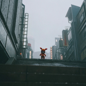Daxter, the spunky orange-furred character, stands out in a vivid, neon-lit cityscape. Daxter from the Jak and Daxter video game series, posed against a backdrop of pulsating, technicolor lights.