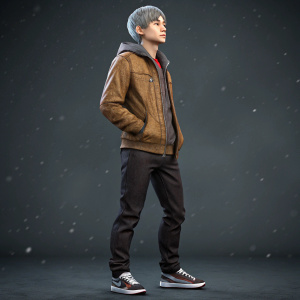 Digital 3D render of Koichi Hirose, from Act 2 anime series. Young male, short grey hair, brown jacket, dark pants, casual sneakers. Dark grey backdrop with subtle texture. Lifelike and detailed appearance