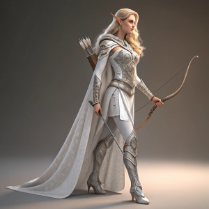 Female elf archer, blonde hair, elegant white and silver attire, posing solo. Studio shot, minimal background