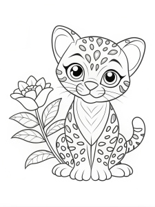 simple outline and shapes of baby Ocelot with flower next to it, coloring book page for children, no colors, black and white, no drawing inside , white background , line only