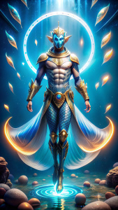 Create a GENIE of the under waters with no legs with dark enhanced background and ring of lights in the background. Very futuristic and with no legs and looks like genie floating. Give this character a cape and dark body armour add some fishes around remove legs and add a mermaid tail. Character cannot have legs