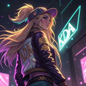 KDA Akali, long blonde hair, confident stance. Dark background with glowing neon patterns. Anime-inspired artwork.