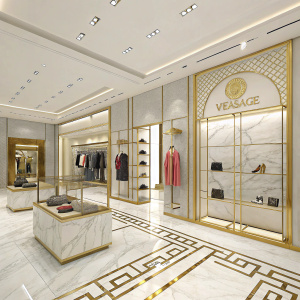 Digital rendering of Versace boutique in Kuala Lumpur. Interior showcases marble floors and brass accents. Display of luxury clothing and accessories. Informative panels about design elements and store layout.