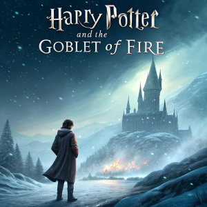 Book cover design for 'Harry Potter and the Goblet of Fire'. Harry Potter standing in a snowstorm, with a towering, magical castle in the background.