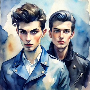 Bikers of the sixties, Biker black jacket with studs with white t-shirt, brunettes, two young guys shaved, motorcycle, pompadour haircuts,",