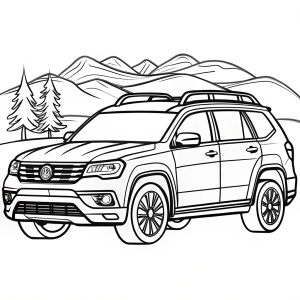 coloring page, hand draw, bold and easy, 
Volkswagen Atlas at a National Park: White background, black line art