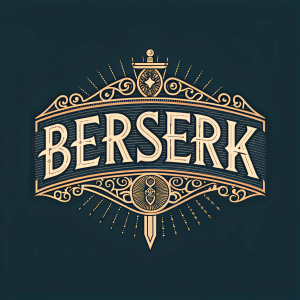 Vintage-styled Berserk logo, featuring a bold, powerful font evoking strength and history. Dark background