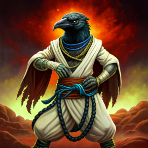 an anthropomorphic crow martial artist, dressed with white pants and shirt with a braided blue rope on his waist