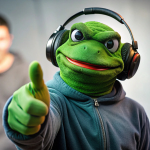 Pepe the Frog wearing headphones, pointing finger at viewer,