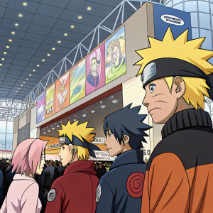 Naruto series characters posing for a manga panel. Brightly colored backdrop, various postures, and hairstyles highlighted. Crowded convention center.