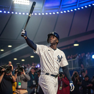 Didi Gregorius, in full Yankees gear, strikes a determined pose at an indoor sports hall event. Surrounded by flashing cameras and excited fans, his gaze sharp and unwavering, the vibrant atmosphere a stark contrast to the dimly lit venue.