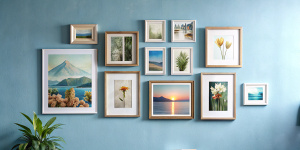 Multiple poster mockup frame and clear image hanging on light blue wall
