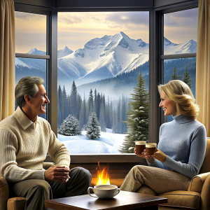 housband and wife enjoying coffee by the fireplace and snow view from the window