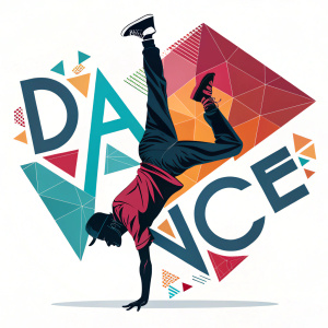 Dynamic logo featuring acrobat in mid-air handstand surrounded by vibrant geometric patterns and modern typography.