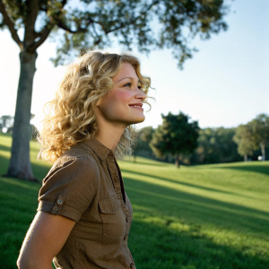 Emilie De Ravin, blonde actress with curly hair, in a casual brown shirt. Standing alone in a bright, sunlit park.