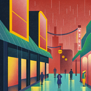 A gritty cyberpunk alley at night. Neon signs, futuristic architecture, and vibrant lighting elements.