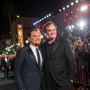 Leonardo DiCaprio and Quentin Tarantino in suits, standing at Hollywood premiere. Crowds cheering, bright lights