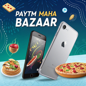 Digital ad featuring iPhone 7 with PAYTM Maha Bazaar offer. Flat cashback promotion highlighted.