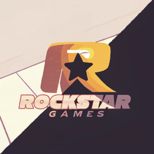 Dynamic logo design for video game company Rockstar Games. Bold 'R' letter with integrated star symbol. Vibrant yellow upper half transitions to deep black below. Modern, eye-catching brand name 'Rockstar Games' prominently displayed.