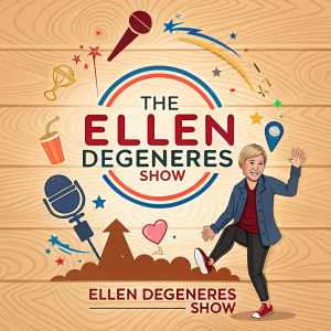 Promotional flyer for Ellen DeGeneres Show featuring wood grain background with show logos and branding elements.