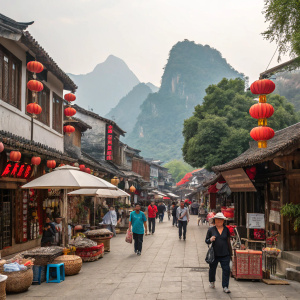 A bustling street in Yangshuo County, Guangxi Zhuang Autonomous Region, China. Lively with people and activity, set against a backdrop of traditional architecture.