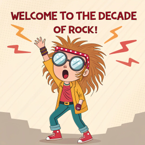 Illustration of a 80s rockstar character. Wild hair, big glasses, and a surprised face. Prominent text above: "Welcome to the Decade of Rock!"