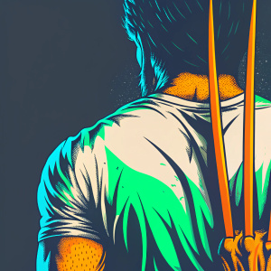 Close-up of a character's back with dark hair, inspired by Wolverine from X-Men. Wearing a white t-shirt and dark gray background. Monochromatic palette.