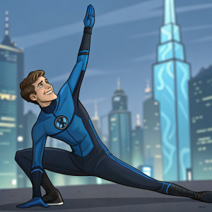 Reed Richards, aka Mister Fantastic, stretching into a dynamic pose with a friendly grin. Set against a blurred, futuristic cityscape background.