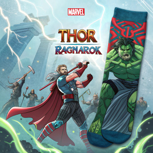 Illustration of Marvel Thor Ragnarok socks. Digital artwork featuring vibrant action scene. Characters and Marvel logo prominent. Colorful mix of blue, green, and red