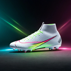 A Cristiano Ronaldo signature Nike cleat, white with neon accents. Futuristic and sleek design on a dark gradient background.