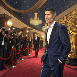 Matthew Fox, actor, in a stylish navy suit and a crisp white shirt. Poses confidently at a glitzy awards show. Lavish red carpet scene with flashing cameras.