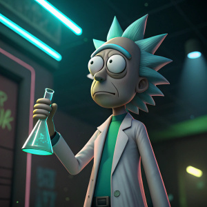 Close-up of Rick Sanchez from Rick and Morty. Wearing a lab coat, holding a flask. Dark, futuristic backdrop