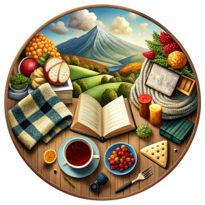 a circle with divisions in the form of wine and cheese, a cup of coffee and a pie, a book and a plaid, a board game, a TV, a landscape, a laptop, a ball of wool and knitting needles, a traveler