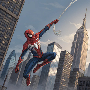 Illustration of Spider-Man swinging through the city skyline. Dynamic pose with detailed webbing and metallic elements. Background shows towering skyscrapers.