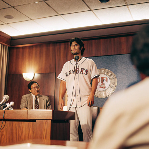 Yu Darvish, Japanese baseball star, during a press conference. Wearing Rangers jersey, standing confidently. Indoor setting with blue backdrop and Rangers logo.