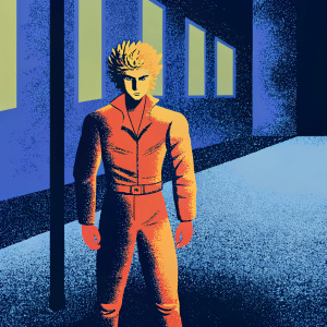 Digital art of Dio Brando. Vibrant yellow hair, intense stare, brown leather outfit, standing in a dimly lit alley with neon lights casting eerie shadows.