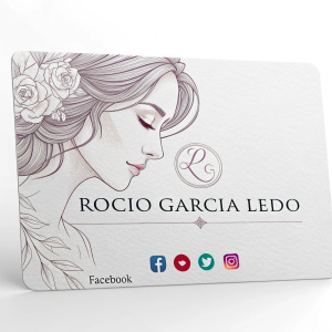 Professional business card for Rocío García Ledo. Features a minimalist, elegant sketch of a woman's face with soft, flowing lines. Social media icons including Facebook logo. Clear, readable font for email addresses and website URL.